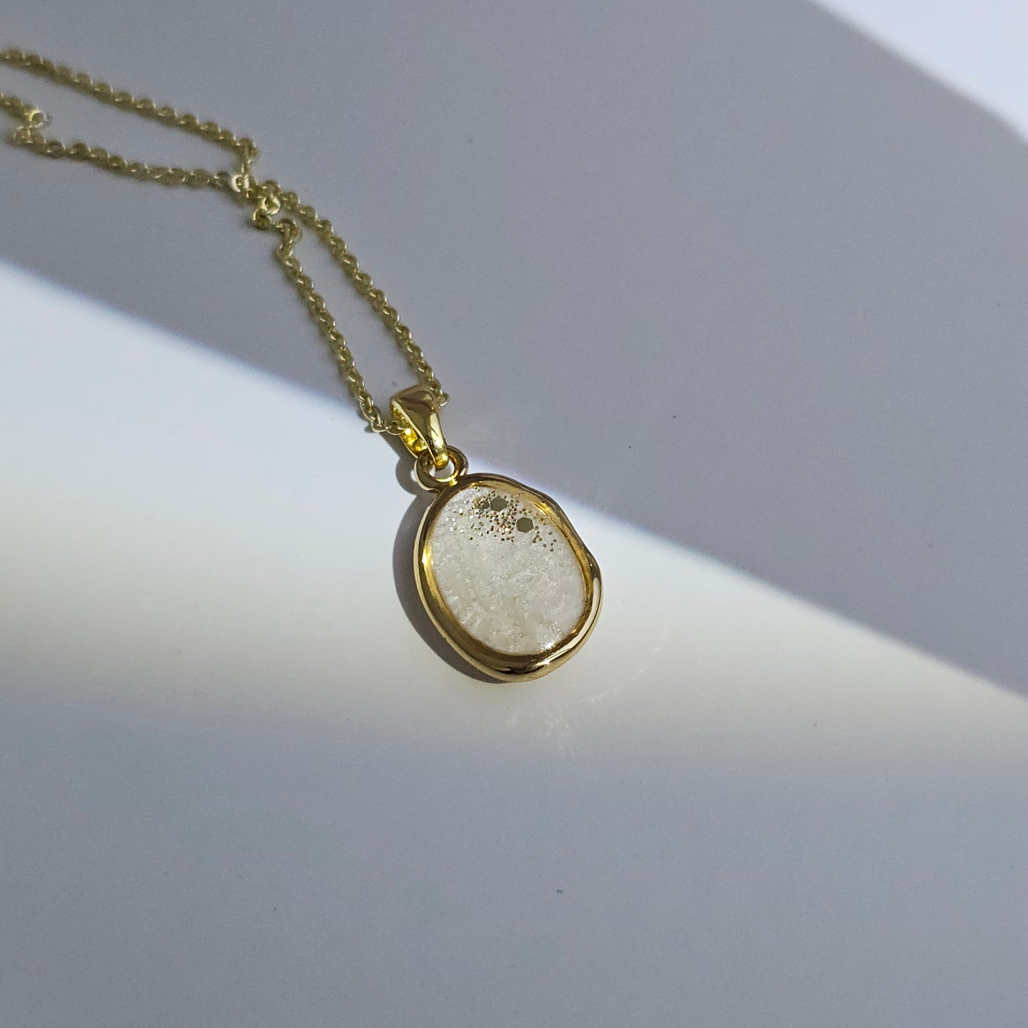 Handmade oval pendant with white shimmer and gold sparkles, 14k gold plated chain, gift for her