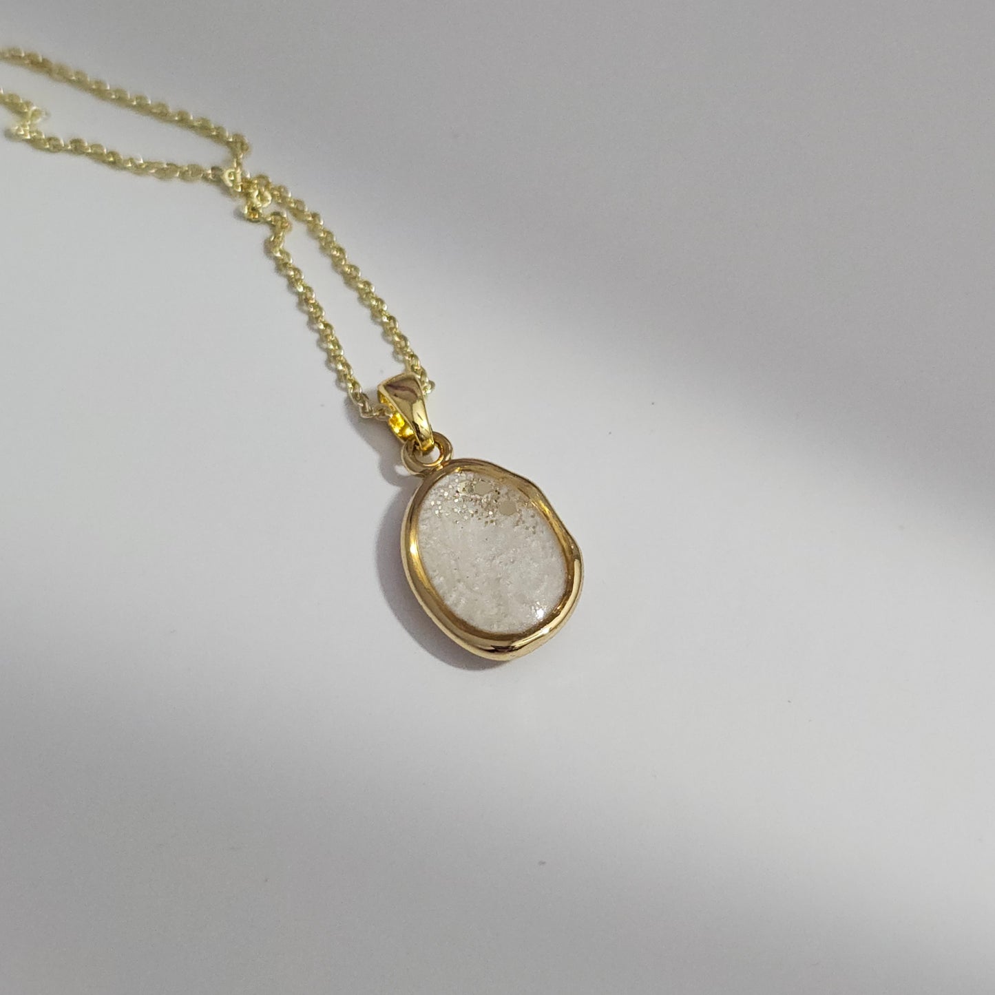 Handmade oval pendant with white shimmer and gold sparkles, 14k gold plated chain, gift for her