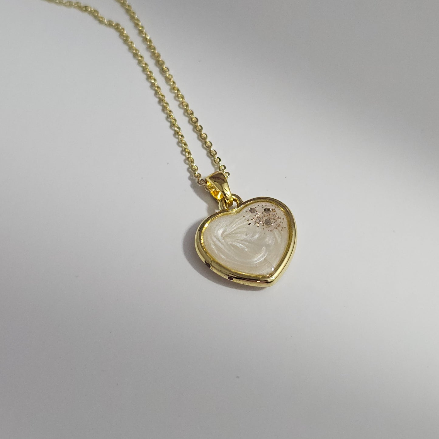 Handmade heart pendant with white shimmer and gold sparkles, 14k gold plated chain, gift for her