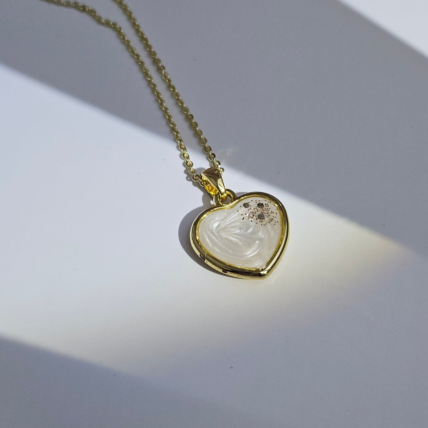 Handmade heart pendant with white shimmer and gold sparkles, 14k gold plated chain, gift for her