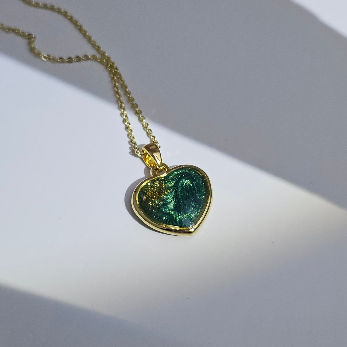Handmade heart pendant with green shimmer and gold sparkles, 14k gold plated chain, gift for her
