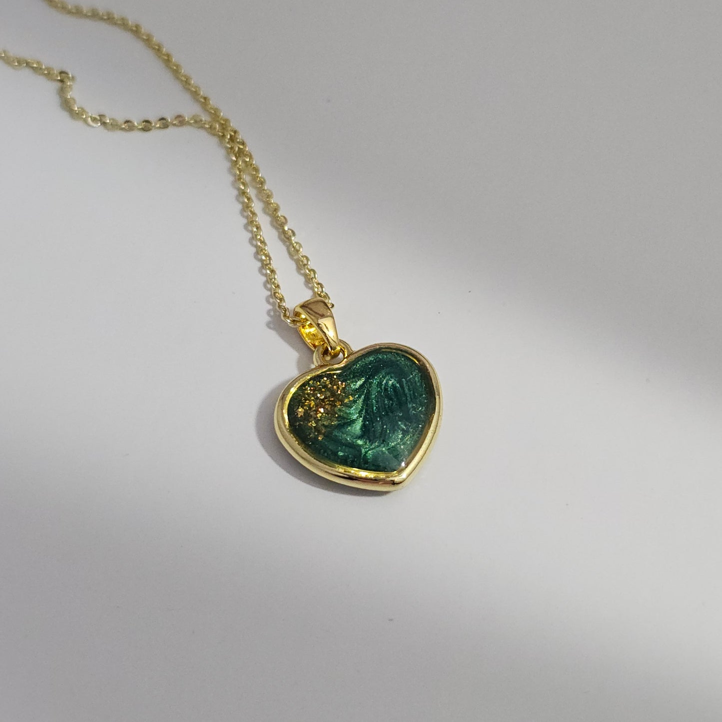 Handmade heart pendant with green shimmer and gold sparkles, 14k gold plated chain, gift for her