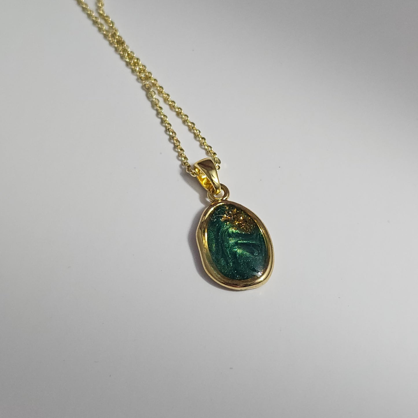 Handmade oval pendant with forest green swirls and gold flakes, 14k gold plated chain, gift for her