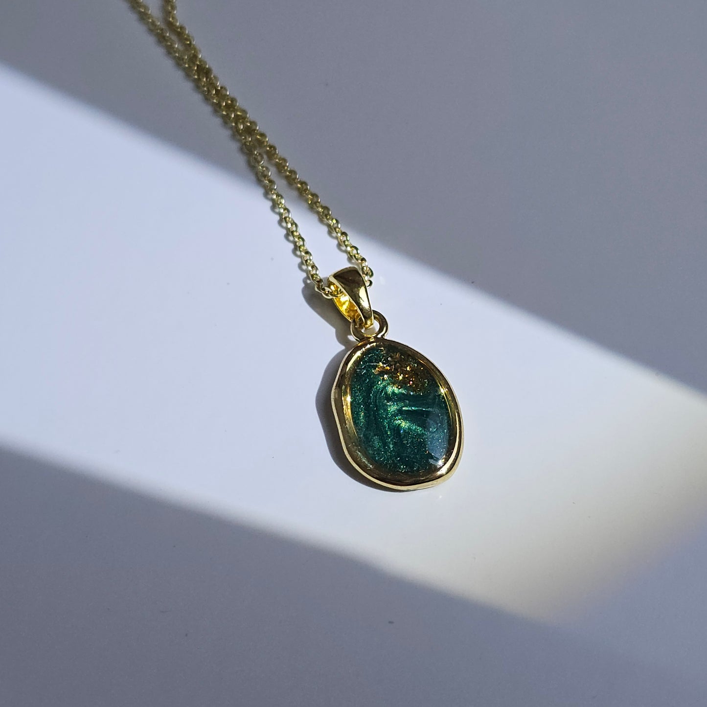 Handmade oval pendant with forest green swirls and gold flakes, 14k gold plated chain, gift for her