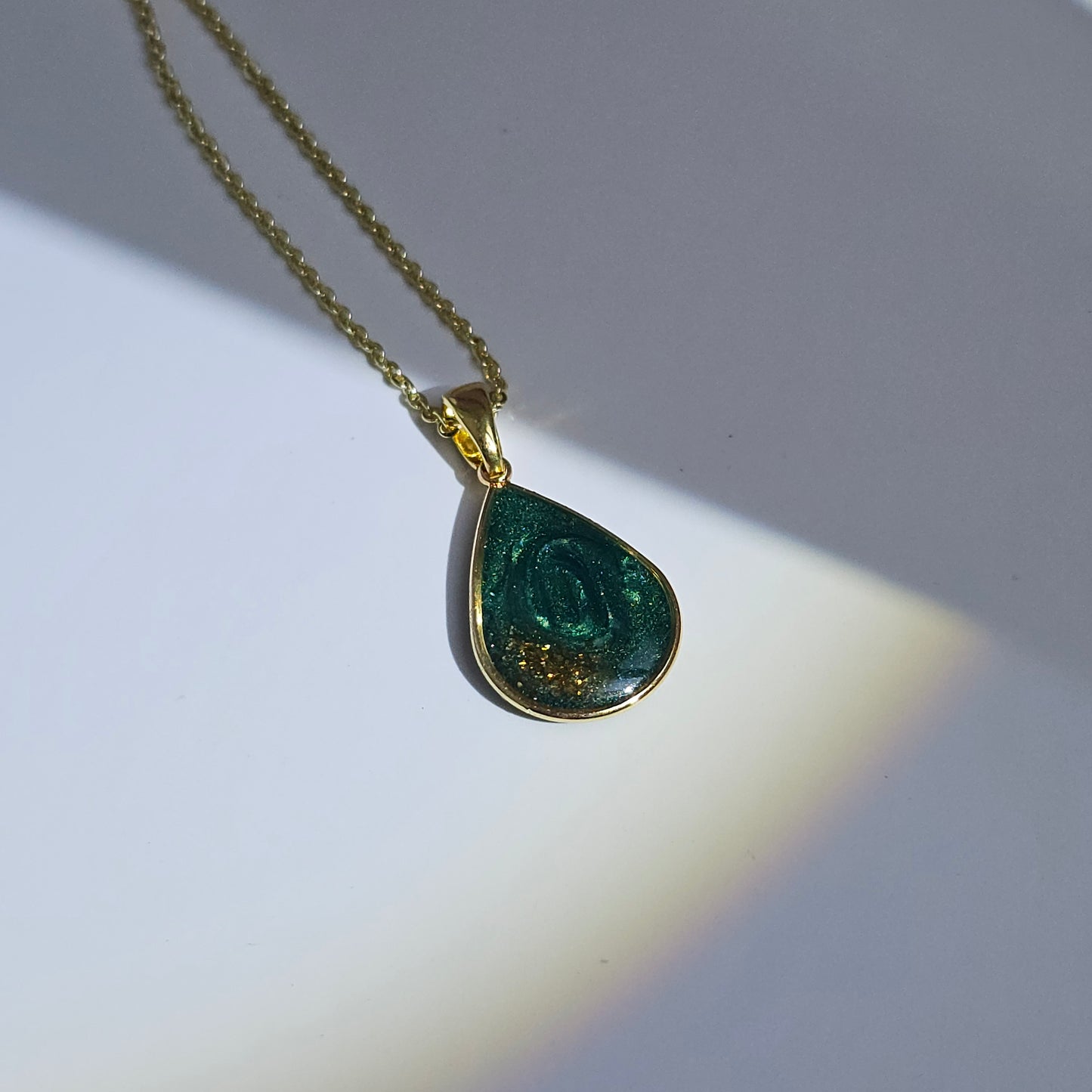 Handmade teardrop pendant with forest green swirls and gold flakes, 14k gold plated chain, gift for her