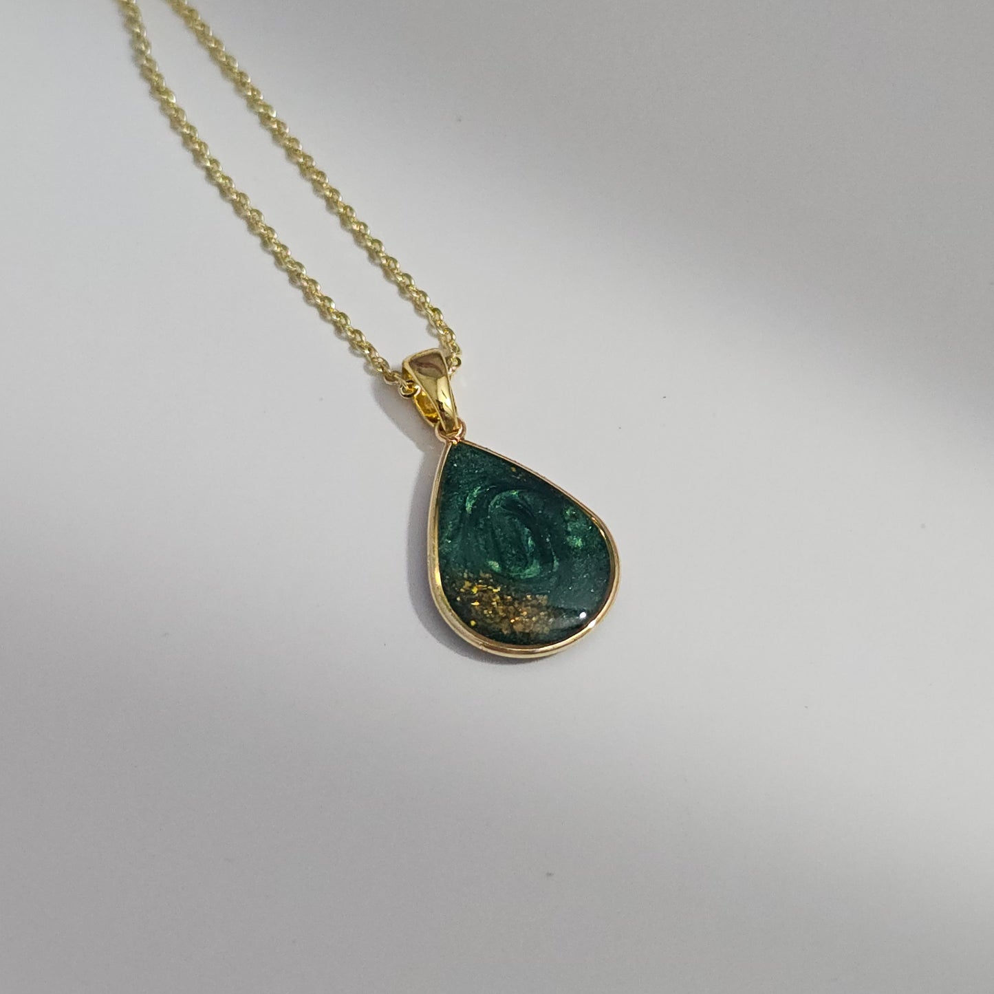 Handmade teardrop pendant with forest green swirls and gold flakes, 14k gold plated chain, gift for her