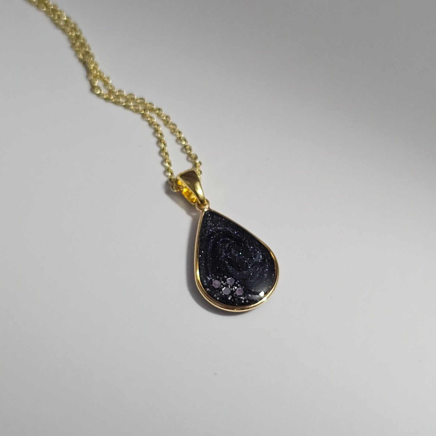 Handmade teardrop pendant with black and grey swirls and silver flakes, 14k gold plated chain, gift for her