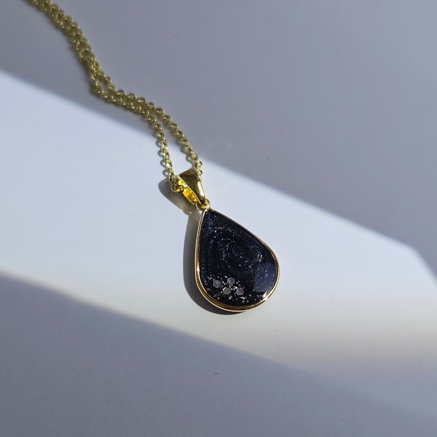 Handmade teardrop pendant with black and grey swirls and silver flakes, 14k gold plated chain, gift for her