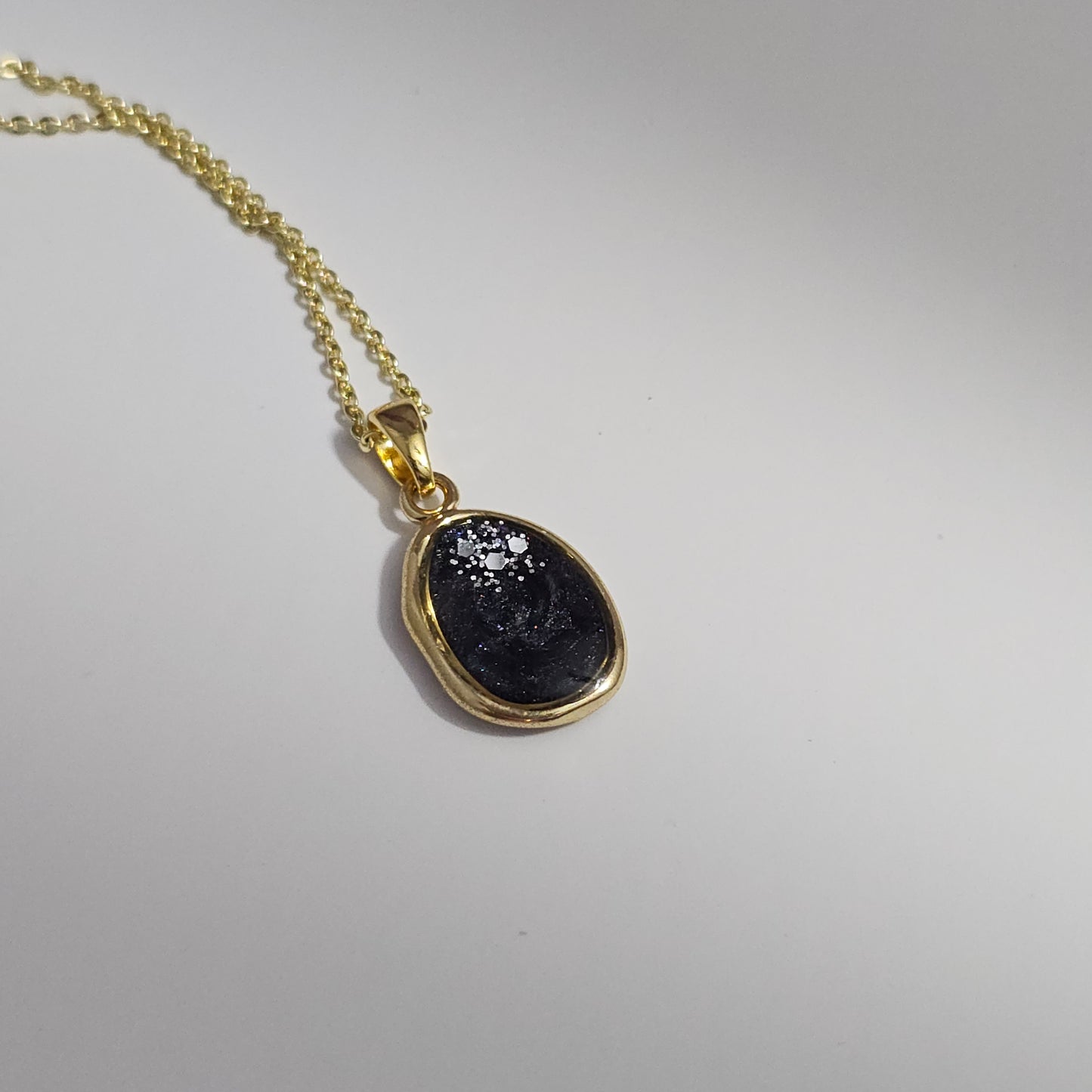 Handmade oval pendant with black and grey swirls and silver flakes, 14k gold plated chain, gift for her