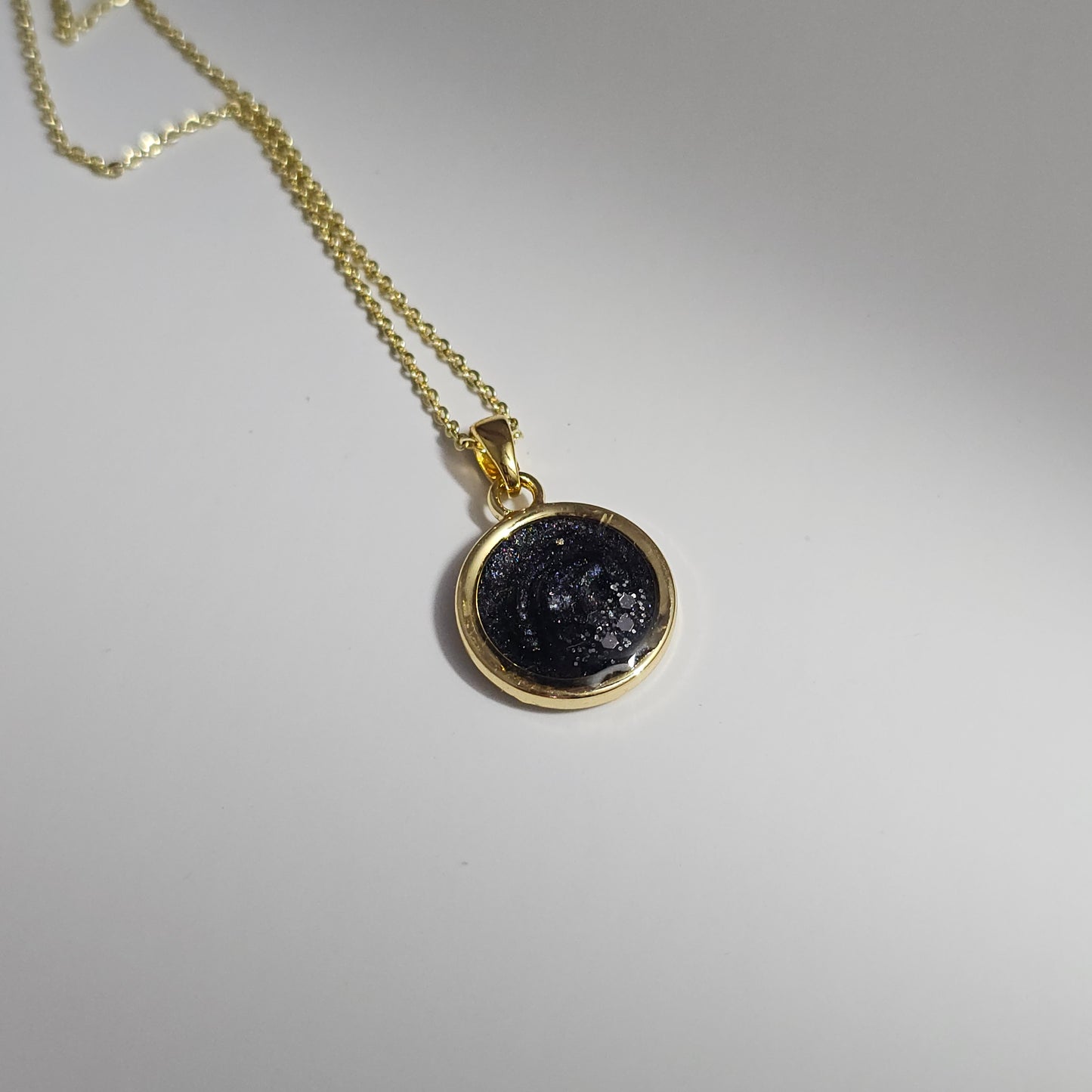 Handmade round pendant with black and grey swirls and silver flakes, 14k gold plated chain, gift for her