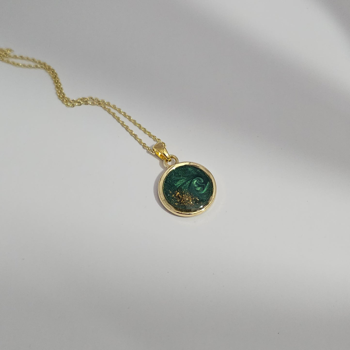 Handmade round pendant with forest green swirls and gold flakes, 14k gold plated chain, gift for her