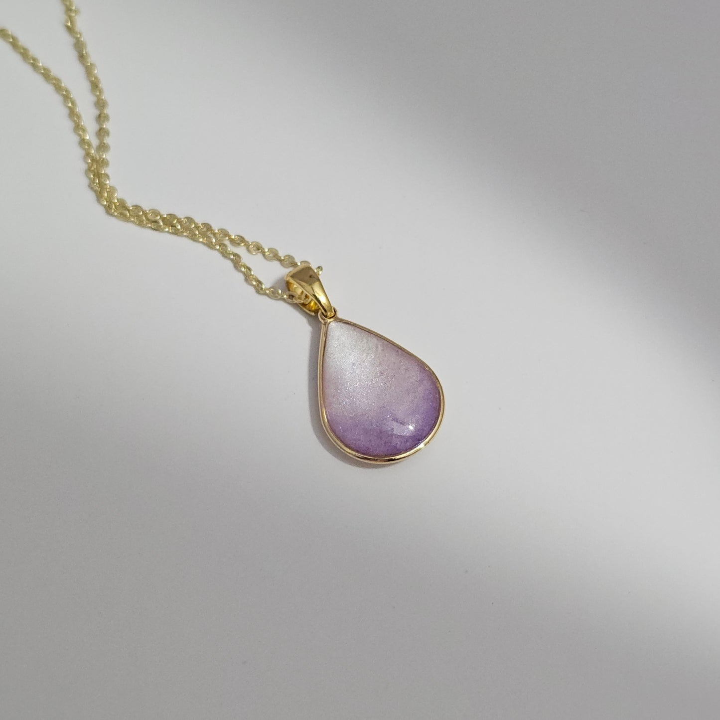 Handmade teardrop pendant with purple and white shimmer, 14k gold plated chain, gift for her