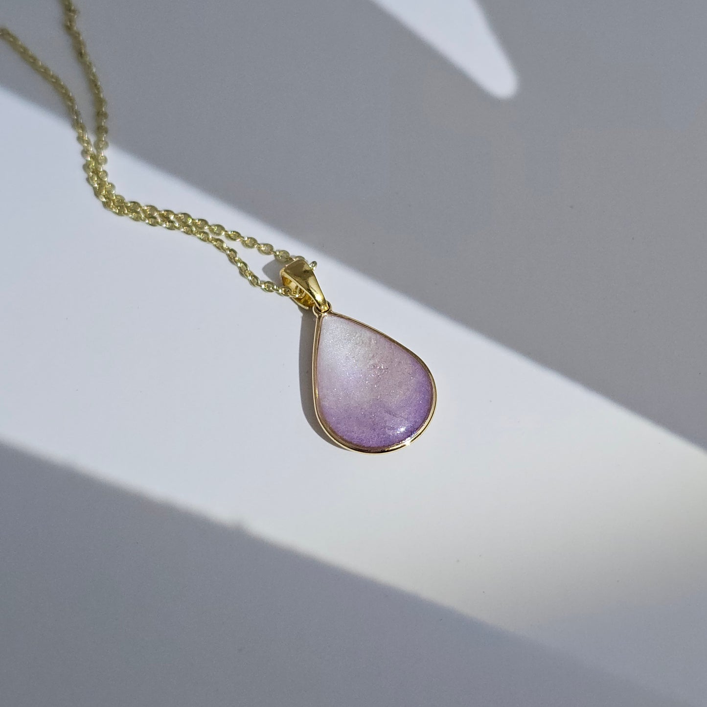 Handmade teardrop pendant with purple and white shimmer, 14k gold plated chain, gift for her