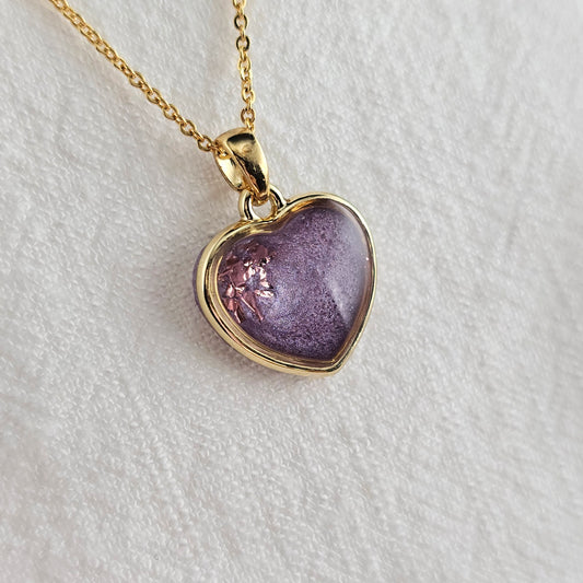 Handmade heart pendant with purple shimmer & pink foil, 14k gold plated chain, gift for her