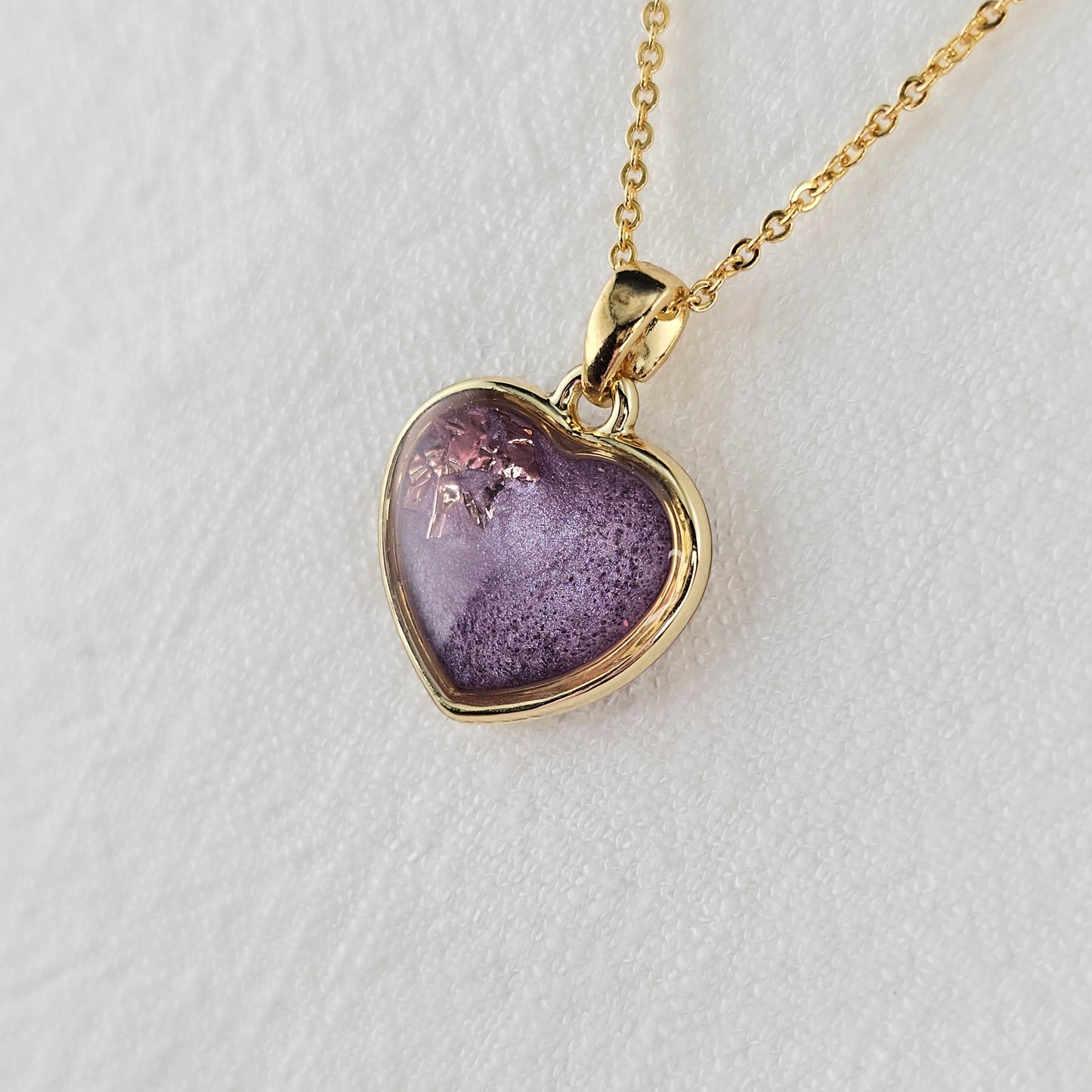 Handmade heart pendant with purple shimmer & pink foil, 14k gold plated chain, gift for her