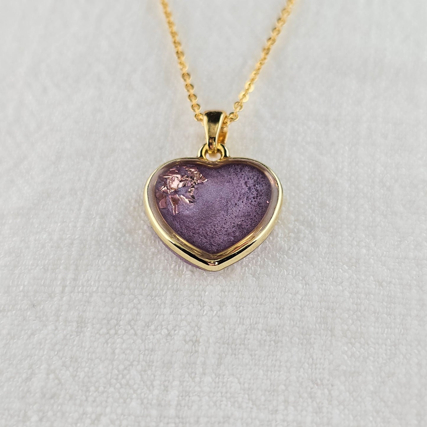 Handmade heart pendant with purple shimmer & pink foil, 14k gold plated chain, gift for her