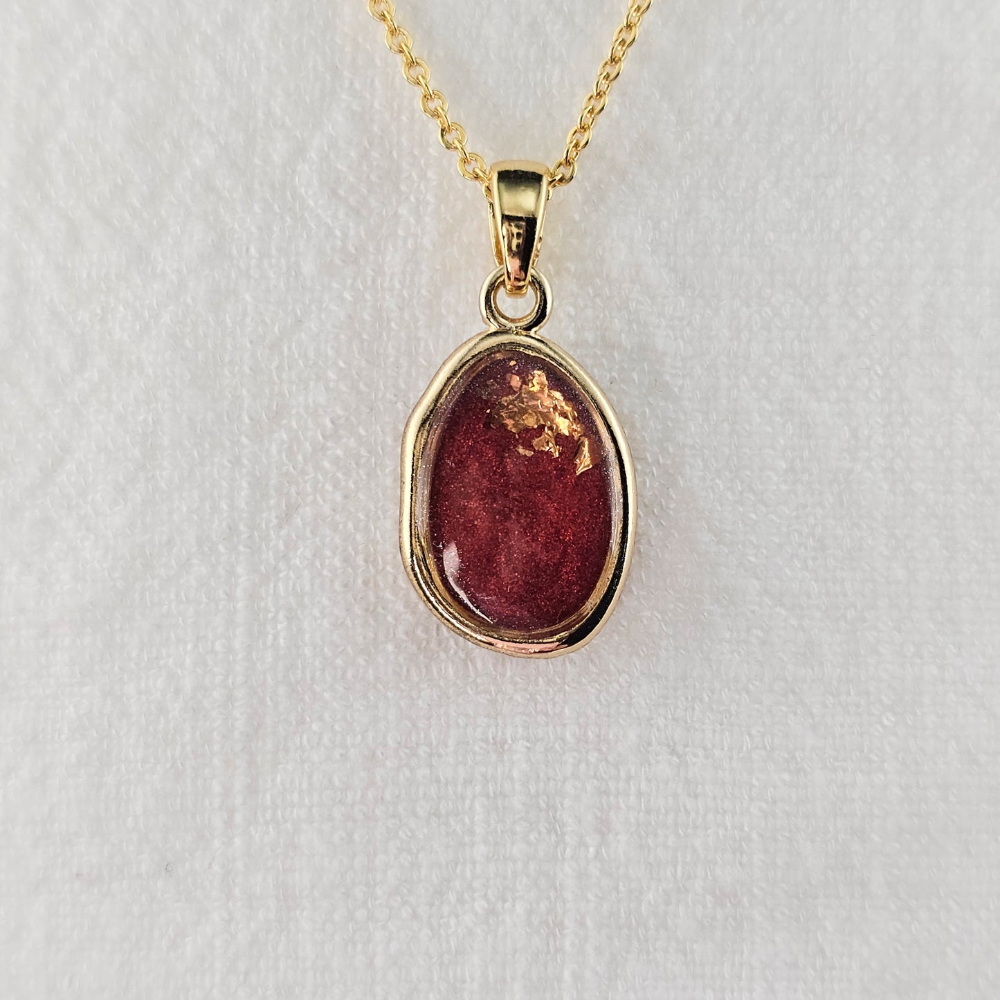 Handmade oval pendant with red shimmer and gold foil, 14k gold plated chain, gift for her
