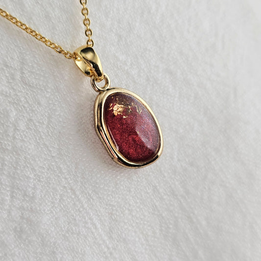 Handmade oval pendant with red shimmer and gold foil, 14k gold plated chain, gift for her