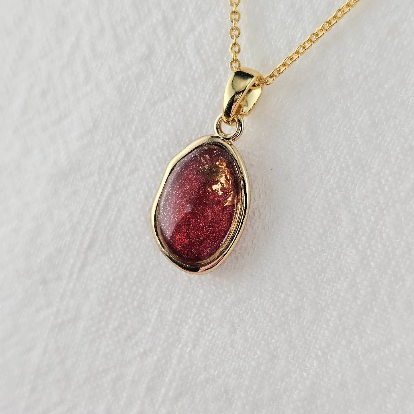 Handmade oval pendant with red shimmer and gold foil, 14k gold plated chain, gift for her