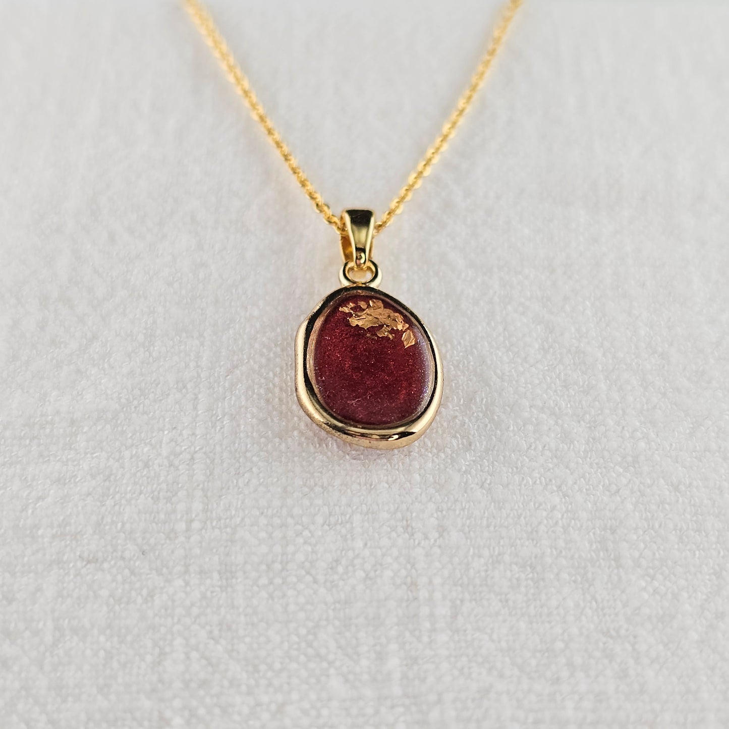 Handmade oval pendant with red shimmer and gold foil, 14k gold plated chain, gift for her