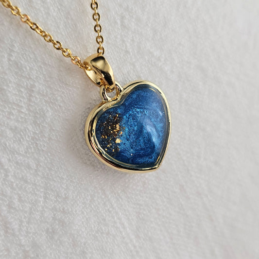 Handmade heart pendant with blue shimmer and gold sparkles, 14k gold plated chain, gift for her