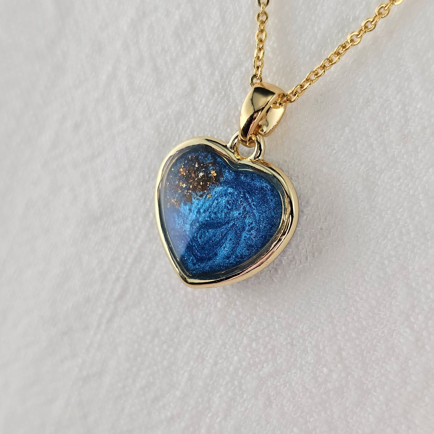 Handmade heart pendant with blue shimmer and gold sparkles, 14k gold plated chain, gift for her