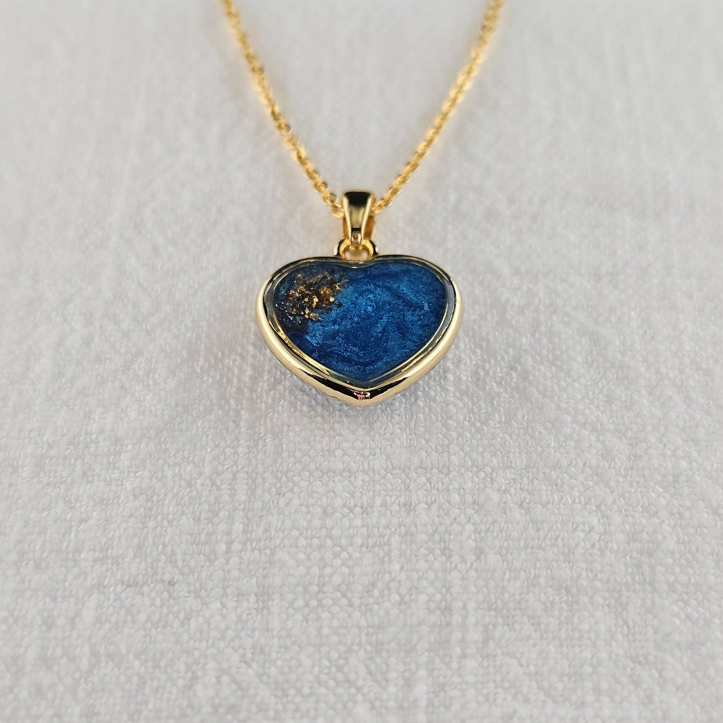 Handmade heart pendant with blue shimmer and gold sparkles, 14k gold plated chain, gift for her