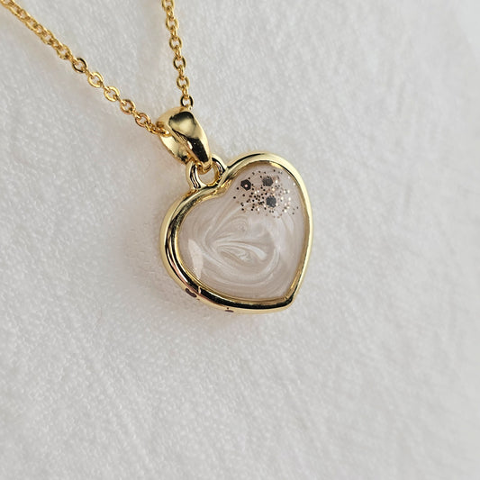 Handmade heart pendant with white shimmer and gold sparkles, 14k gold plated chain, gift for her