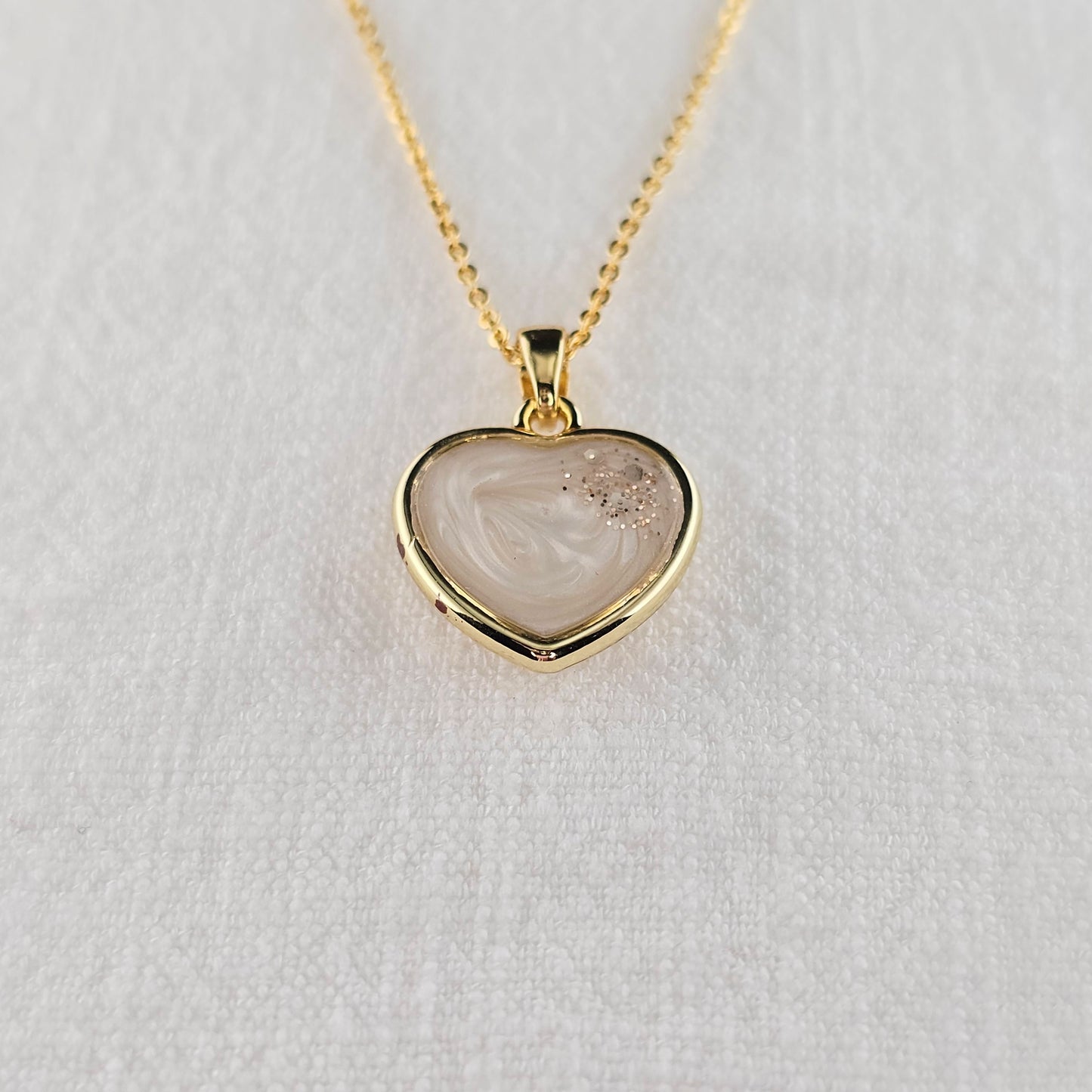 Handmade heart pendant with white shimmer and gold sparkles, 14k gold plated chain, gift for her