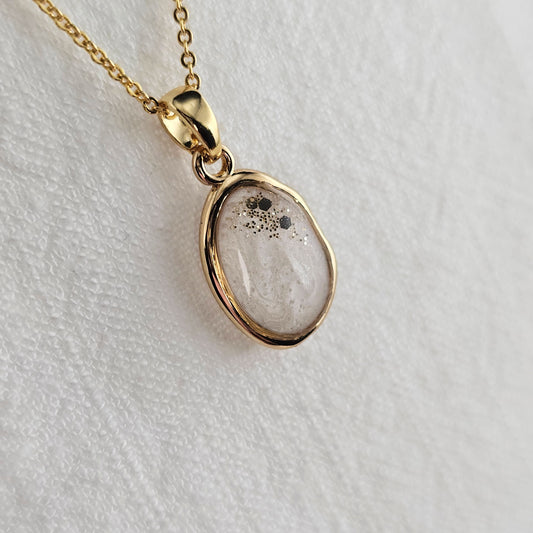 Handmade oval pendant with white shimmer and gold sparkles, 14k gold plated chain, gift for her