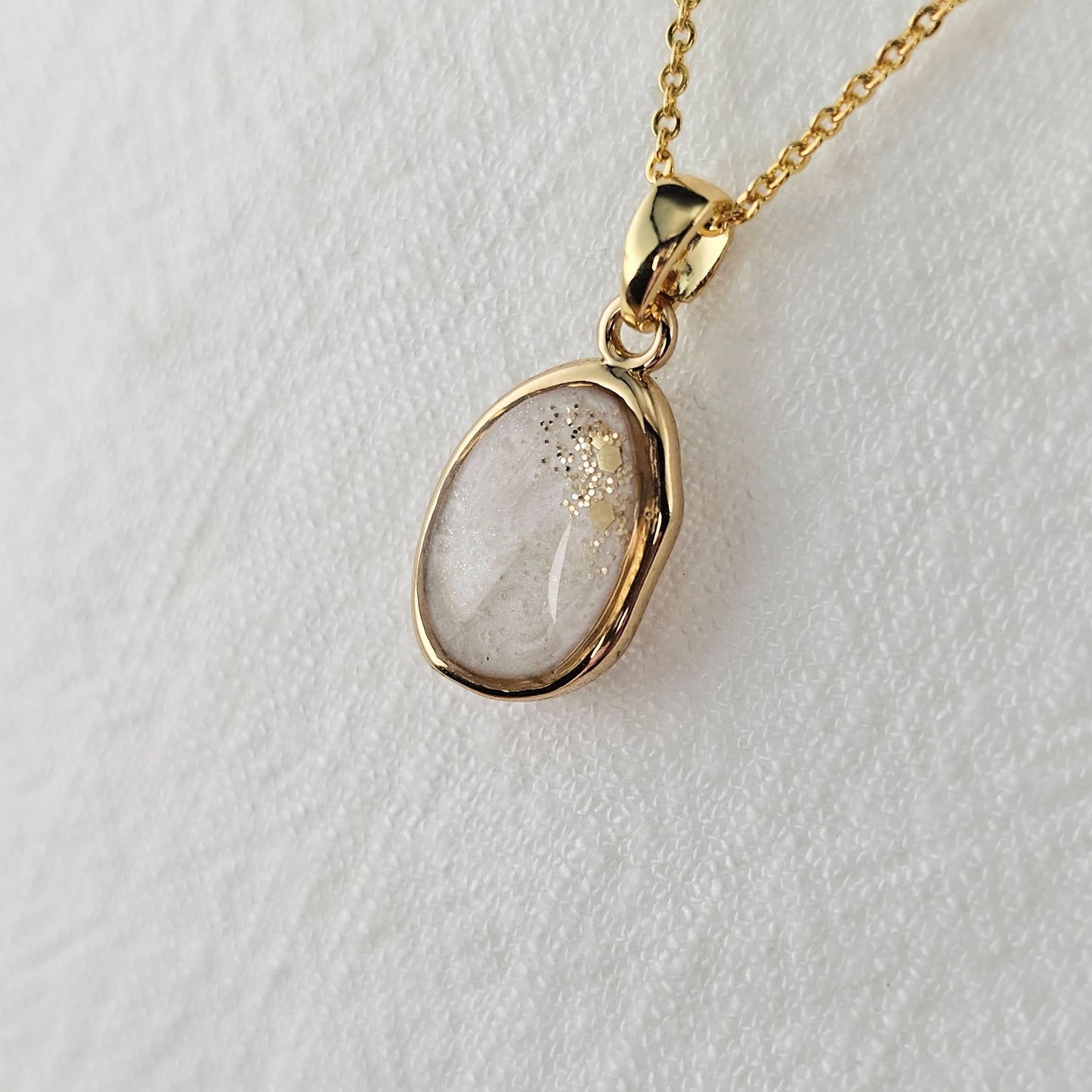 Handmade oval pendant with white shimmer and gold sparkles, 14k gold plated chain, gift for her