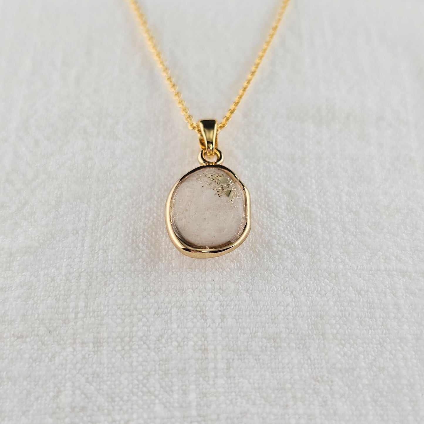 Handmade oval pendant with white shimmer and gold sparkles, 14k gold plated chain, gift for her
