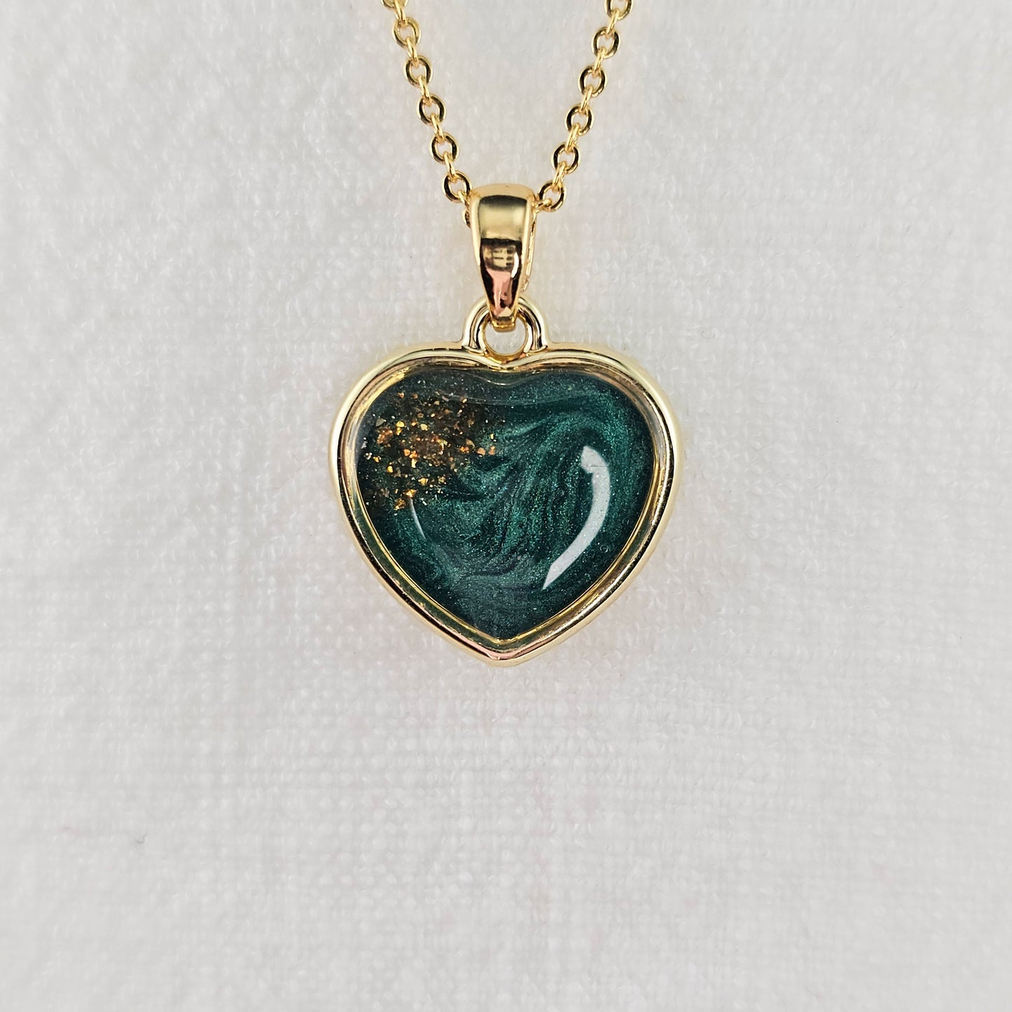 Handmade heart pendant with green shimmer and gold sparkles, 14k gold plated chain, gift for her