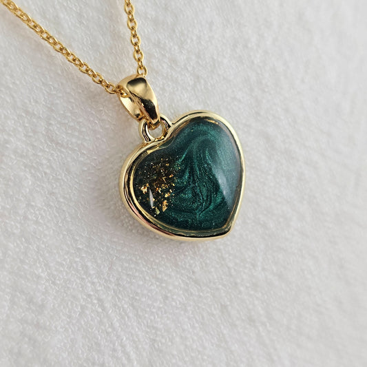 Handmade heart pendant with green shimmer and gold sparkles, 14k gold plated chain, gift for her