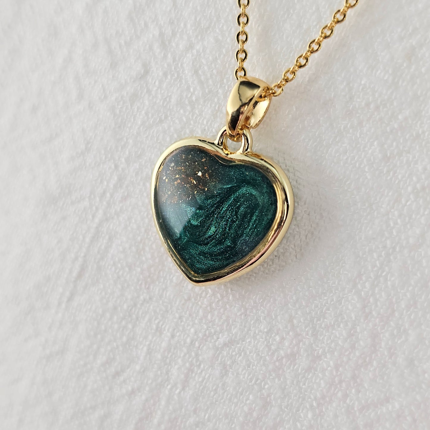 Handmade heart pendant with green shimmer and gold sparkles, 14k gold plated chain, gift for her