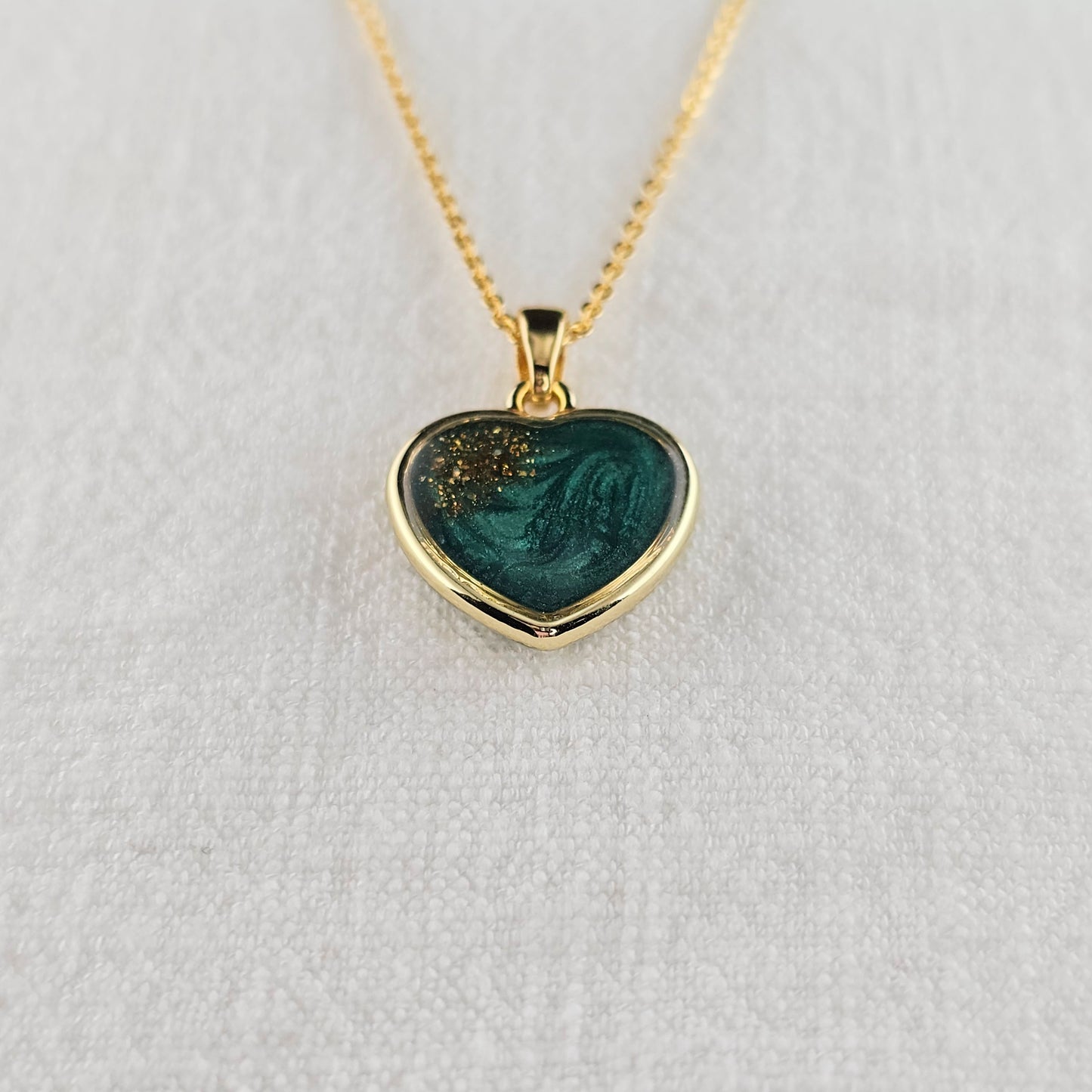 Handmade heart pendant with green shimmer and gold sparkles, 14k gold plated chain, gift for her