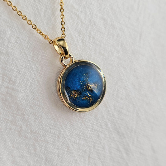 Handmade round pendant with blue shimmer and gold sparkles, 14k gold plated chain, gift for her