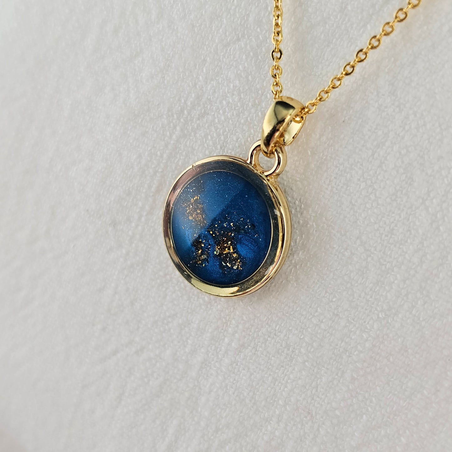 Handmade round pendant with blue shimmer and gold sparkles, 14k gold plated chain, gift for her