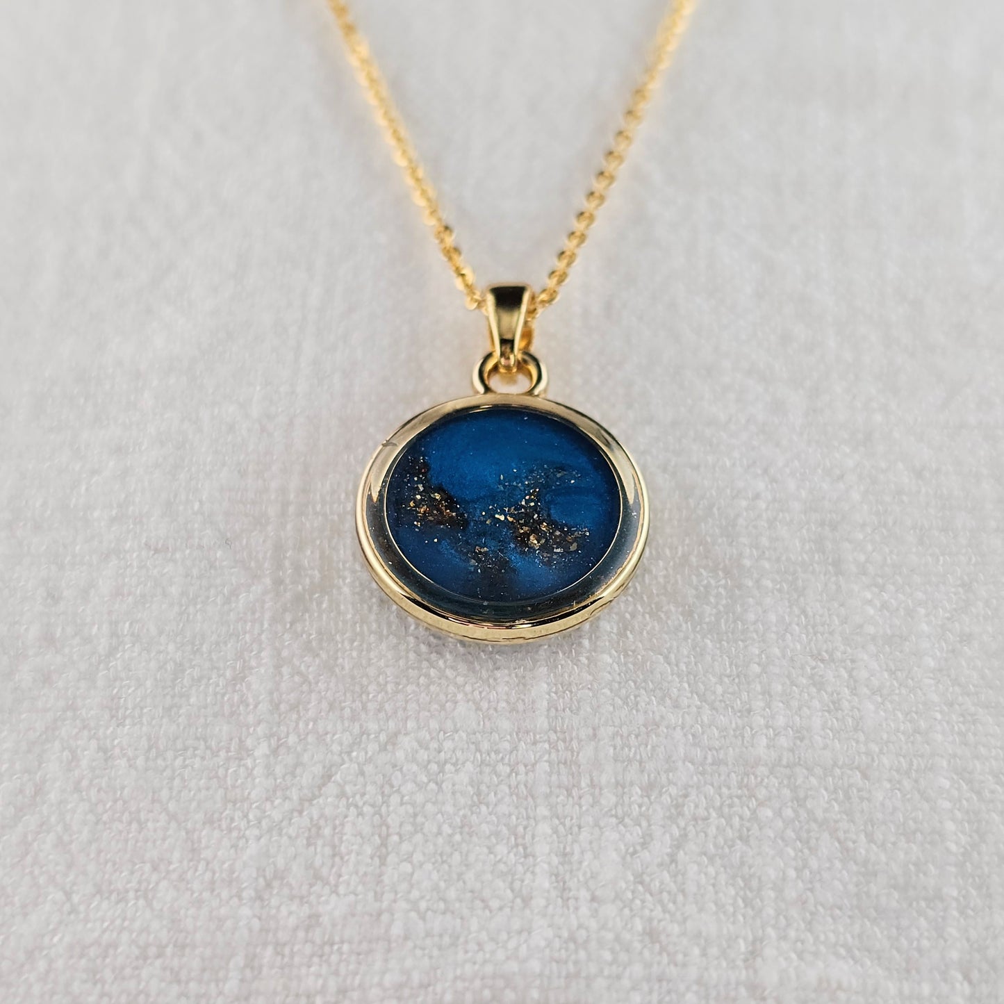 Handmade round pendant with blue shimmer and gold sparkles, 14k gold plated chain, gift for her