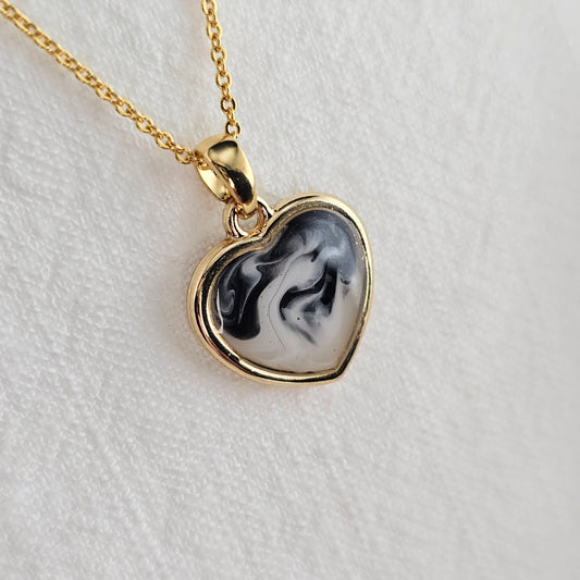 Handmade heart pendant with black and white swirls, 14k gold plated chain, gift for her