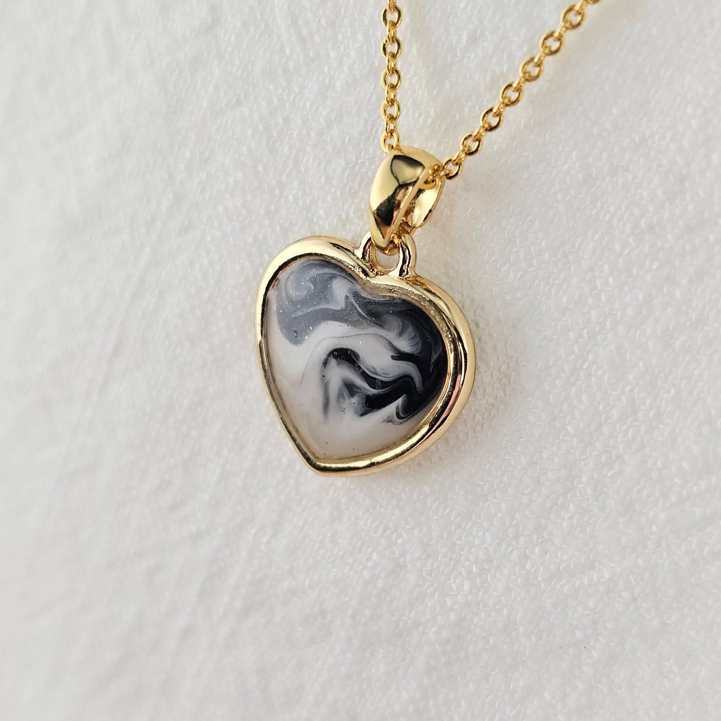 Handmade heart pendant with black and white swirls, 14k gold plated chain, gift for her