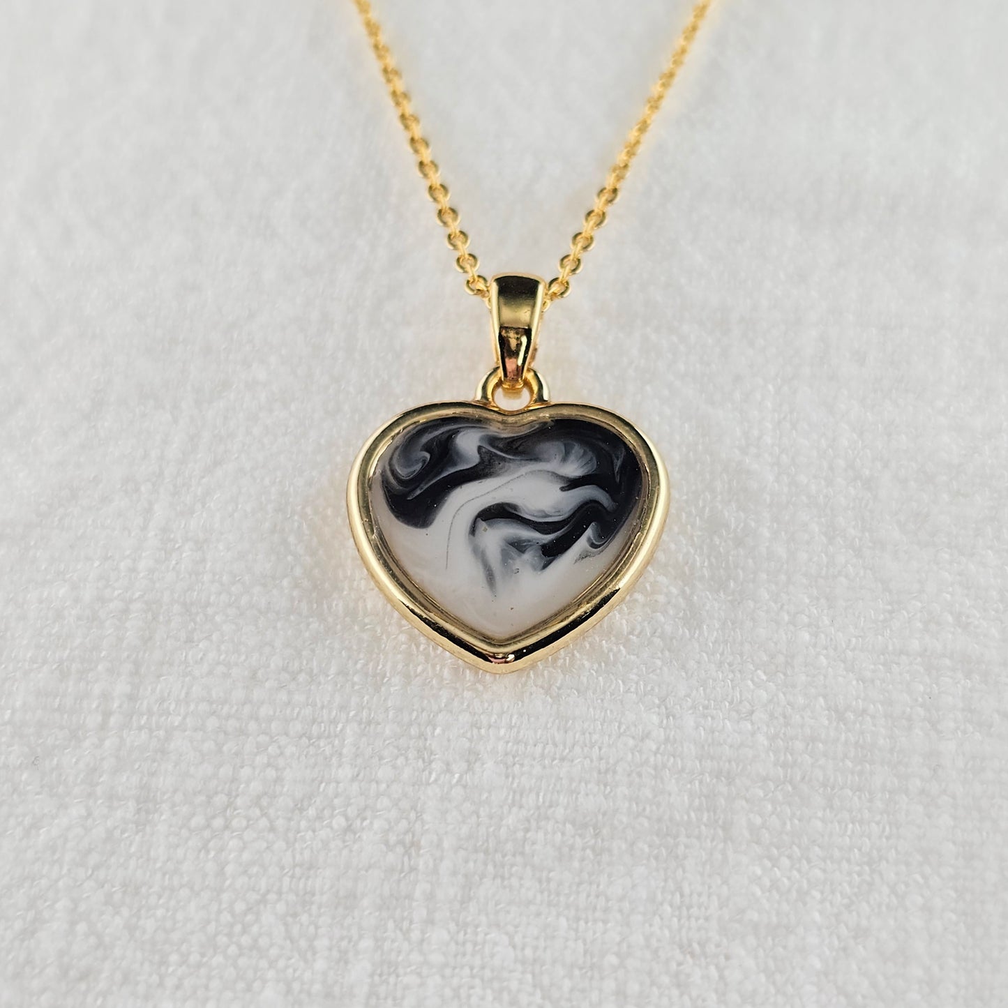 Handmade heart pendant with black and white swirls, 14k gold plated chain, gift for her