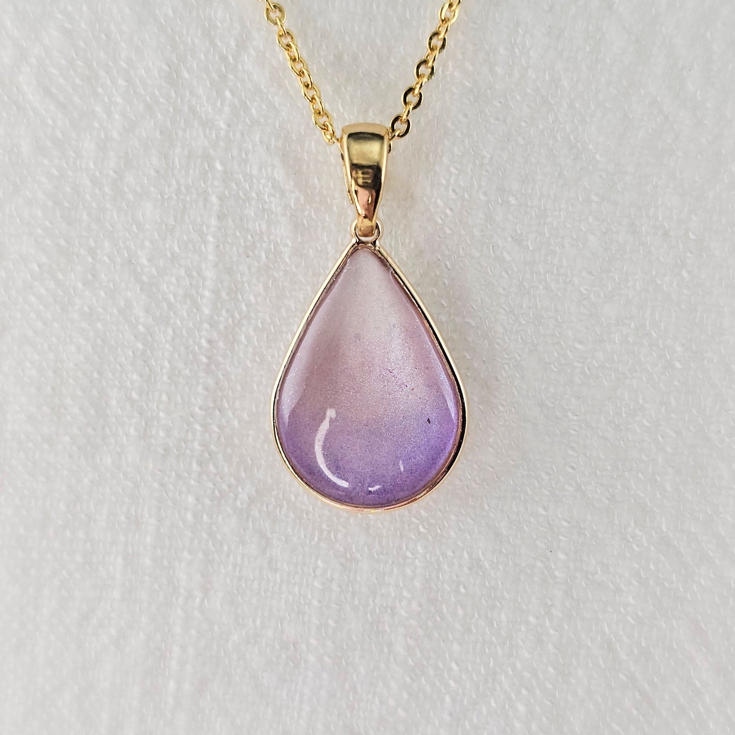 Handmade teardrop pendant with purple and white shimmer, 14k gold plated chain, gift for her