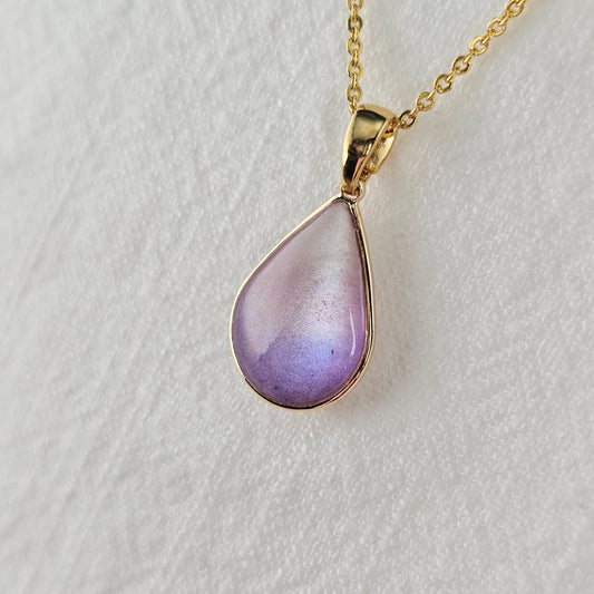 Handmade teardrop pendant with purple and white shimmer, 14k gold plated chain, gift for her