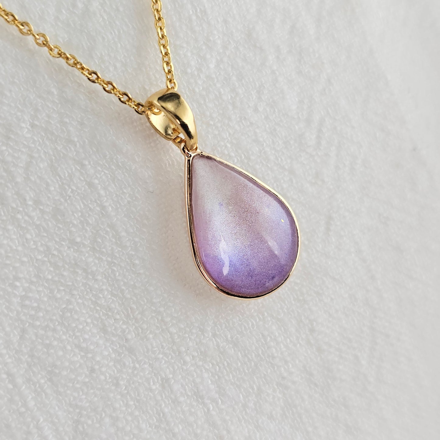 Handmade teardrop pendant with purple and white shimmer, 14k gold plated chain, gift for her