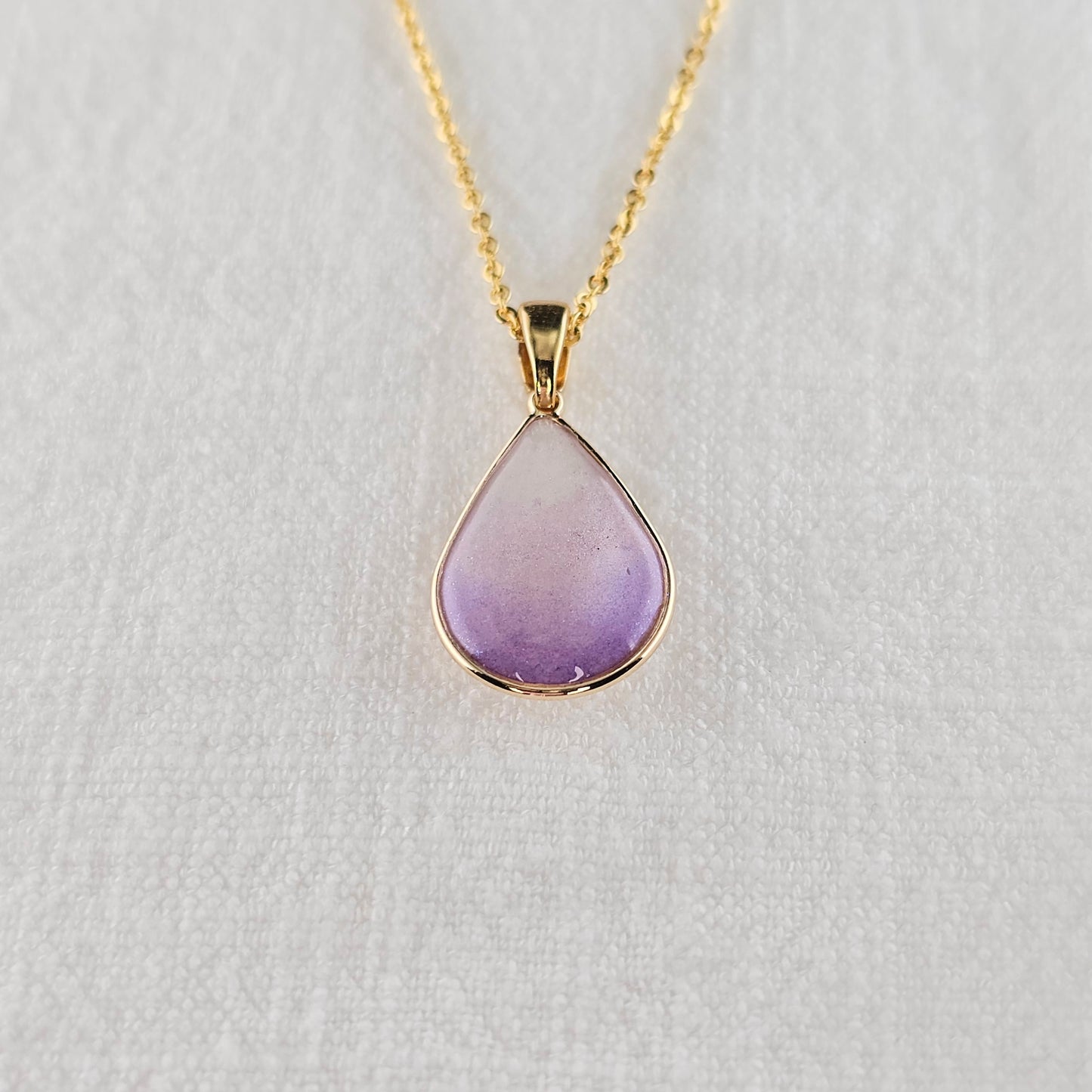 Handmade teardrop pendant with purple and white shimmer, 14k gold plated chain, gift for her