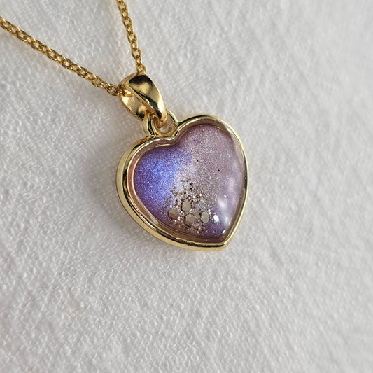 Handmade heart pendant with purple and white shimmer and gold flakes, 14k gold plated chain, gift for her
