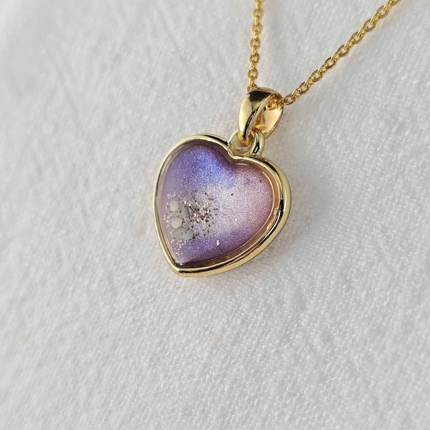 Handmade heart pendant with purple and white shimmer and gold flakes, 14k gold plated chain, gift for her