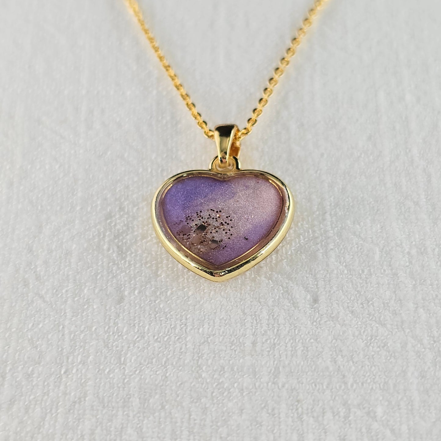 Handmade heart pendant with purple and white shimmer and gold flakes, 14k gold plated chain, gift for her