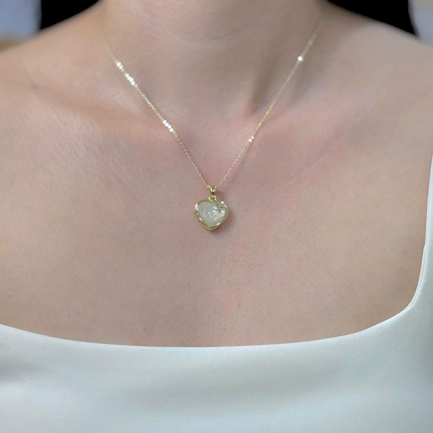 Handmade heart pendant with white shimmer and gold sparkles, 14k gold plated chain, gift for her